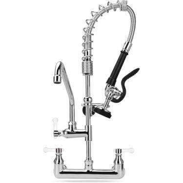 Imagem de KWODE Torneira comercial de pré-enxágue de 66 cm de altura com pulverizador de puxar para baixo, torneira de pia de cozinha com montagem na parede central de 8 polegadas com bico giratório de 30 cm