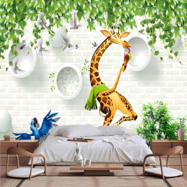 Imagem de Lcythiazole Mural de papel de parede de girafa com tamanho personalizável, desenho engraçado girafa comendo sorvete, papel de parede 3D, para sala de estar, quarto, quarto infantil