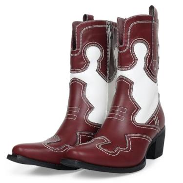 Imagem de gioanroca Botas de caubói feminina ocidental com salto grosso, bico fino, botas caubói, brancas, retalhos, modernas, costura caubói, bico fino, cano médio, Borgonha, 38