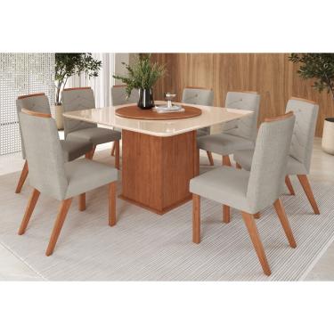 Imagem de Conjunto Sala de Jantar Mesa com Tampo de Vidro 130cm e 8 Cadeiras em Madeira Maciça 138/27 Zamarchi - Canela/Off/Tec Joli Palha Sigma