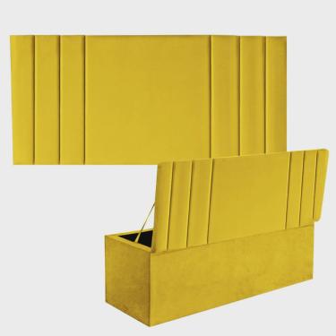 Imagem de Kit Painel Cabeceira Estofada e Calçadeira Baú Recamier Grécia 160cm Queen Size Sintéti...