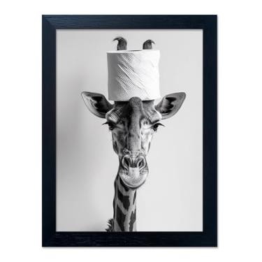 Imagem de Decoração de parede de banheiro engraçada, girafa com papel higiênico, decoração de arte de rolo na cabeça, fotos de banheiro preto e branco, decoração de parede, arte de impressão em tela de animal