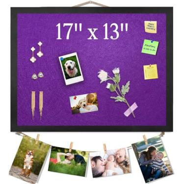 Imagem de Quadro de avisos roxo Quadros de cortiça com feltro, 43 cm x 33 cm placa de exibição pequena placa de visão para paredes, joias, notas, coleção, fotos, escritório, moldura de madeira (preto) e feltro