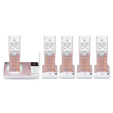 Imagem de AT&T CL82557 DECT 6.0 5 telefones sem fio para casa com secretária eletrônica, bloqueio de chamadas, anunciador de identificação de chamadas, interfone e longo alcance, ouro rosa