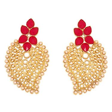 Imagem de Brincos de joia com design paisley com pérolas falsas de madeira de bollywood indiana Touchstone em tom dourado antigo Vermelho