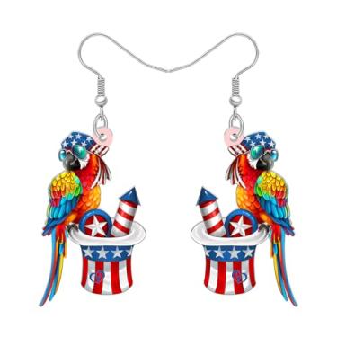 Imagem de DALANE Brincos de acrílico fofo 4 de julho papagaio tropical pássaro roupa chapéu bandeira americana brincos patrióticos pendentes joias exclusivas presentes de pássaros para mulheres amantes de