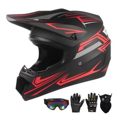 Imagem de helmelkin Capacetes De Motocross Para Crianças E Jovens, Quadriciclo, Proteção Integral Motocicleta, Off-Road, Montanha, Com Óculos, Luvas Máscara Dot Aprovada (Vermelho, Grande)