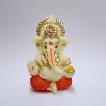 Imagem de Gold Art India Ídolo de resina Lord Ganesha para painel de carro, casa, escritório, estátua Ganpati para decoração Mandir feita à mão Ganesh Murti (vermelho e marfim)