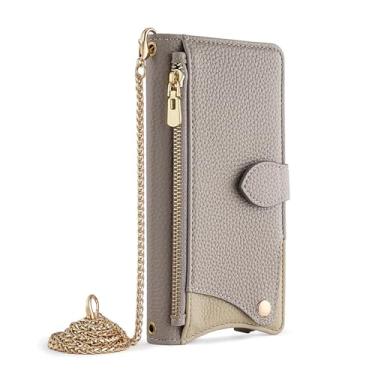 Imagem de LYJSMGZ Capa de couro transversal para iPhone 16E, corrente de metal longa elegante carteira flip fólio capa de telefone TPU macio à prova de choque capa interna, cinza, 16E