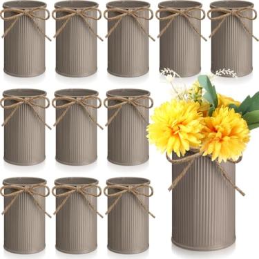 Imagem de Domensi Vaso de fazenda pequeno de 11 cm para decoração de vaso de flores vintage com laço de barbante baldes rústicos de metal galvanizado para flores artificiais para casamentos de mesa central
