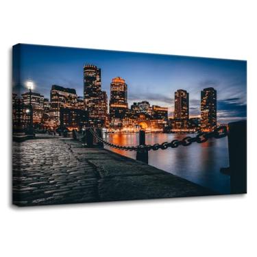 Imagem de Pacimo Impressão de arte de parede em tela paisagem urbana de Boston, arranha-céus, horizonte do porto, decoração de parede para sala de estar, decoração de casa, pôsteres e impressões emolduradas