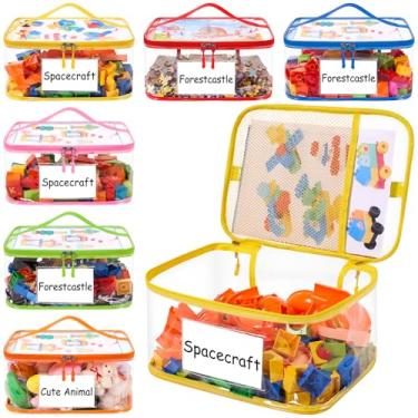 Imagem de Pacote com 6 sacos de armazenamento de brinquedos transparentes atualizados – com bolso manual de crachá, estojo organizador de brinquedos de PVC transparente com zíper para jogos de tabuleiro, bloco
