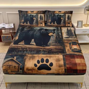 Imagem de AILONEN Jogo de cama de urso rústico preto para crianças, meninos, meninas, 3 peças, solteiro, GG, temática de vida selvagem, caça, lençol com elástico e 2 fronhas