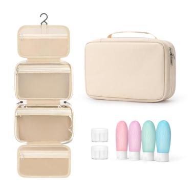 Imagem de YINKECASE Bolsa de higiene para mulheres com conjunto de recipientes de tamanho de viagem, bolsa de higiene para pendurar para produtos de higiene pessoal de tamanho completo, cuidados com a pele