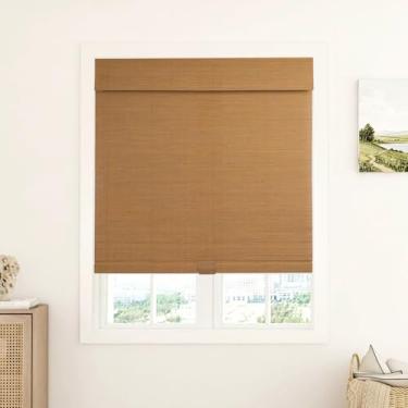 Imagem de LUSTROWIN Persianas romanas de bambu natural - Persianas de janela com filtro de luz sem fio com saia para casa, cozinha, quarto - 86 cm L x 162 cm C, marrom - material de madeira real, ferragens