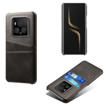 Imagem de Capas Compatível com Honor Magic 6 Pro,Caso de couro PU-Tampa de telefone a prova de choque com 2 slots de cartão,Proteção anti-impressão digital e anti-gota-Black