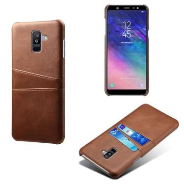 Imagem de Capas Compatível com Samsung Galaxy A6 PLUS,Caso de couro PU-Tampa de telefone a prova de choque com 2 slots de cartão,Proteção anti-impressão digital e anti-gota-Brown
