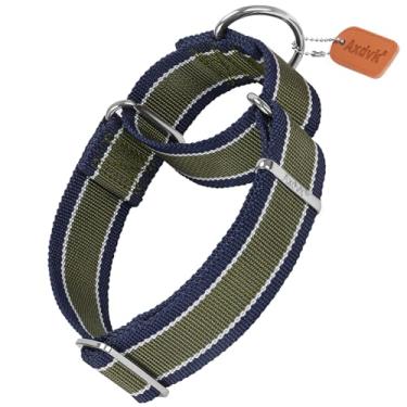 Imagem de Axdvk Coleira Martingale de 3,8 cm de largura, 1600D, extraforte, antiescape, coleira para cães, resistente, sem puxão, com listras de 3 cores para cães de médio a GG (GG, verde militar e cinza)