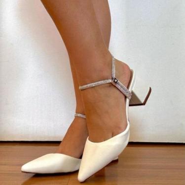Imagem de Scarpin Feminino Bico Fino Salto Grosso 5cm Ajustável Strass Sola em G