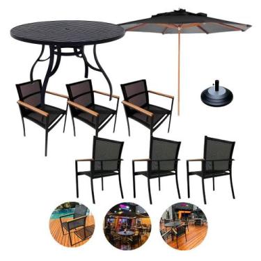 Imagem de Jogo de Mesa 1,40m Ripada 6 Cadeiras Piscina Jardim + Guarda Sol - Nos