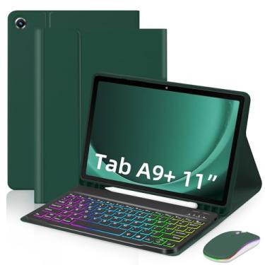 Imagem de EAMPANG Capa com teclado e mouse para Samsung Galaxy Tab A9 Plus de 11 polegadas (SM-X210/X215/X216/X218), capa magnética com teclado USB-C destacável com 7 cores arco-íris retroiluminada com slot