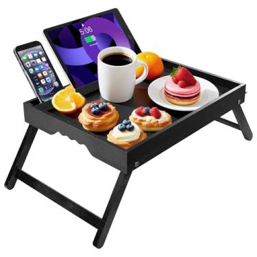 Imagem de WAAYAA Bandeja de cama de bambu com pernas dobráveis - Mesa dobrável para café da manhã com compartimento de mídia destacável, laptop, comer, bandeja de lanche - preta