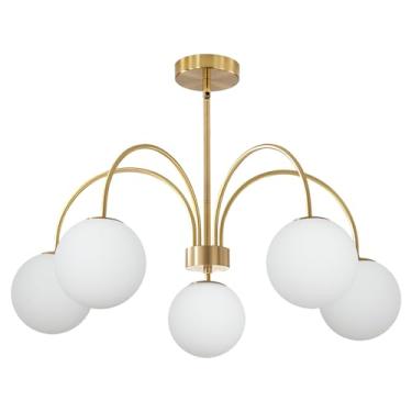 Imagem de BOKT Lustre de ouro moderno de meados do século grande com 5 lâmpadas globo branco claro Sputnik Lustre pendente de vidro de leite ajustável para pendurar luzes pendentes cozinha ilha vintage sala de