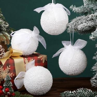 Imagem de Soulchen 4 peças de enfeites de bola de Natal com pérola branca de 7,5 cm, bolas de pérola penduradas à prova de estilhaçamento, decorações de Natal para árvore de Natal, festas de casamento