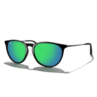 Imagem de MERRY'S Óculos de sol vintage polarizados para mulheres e homens, lentes espelhadas redondas retrô UV400, Armação preta/lente espelhada verde/pernas cinza, Lens Width: 54 Millimeters