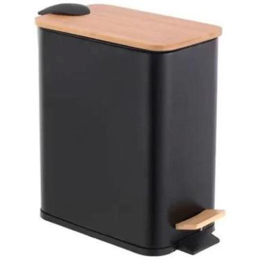 Imagem de Lixeira Metal E Bambu Banheiro Cozinha Quadrada Preta 5L