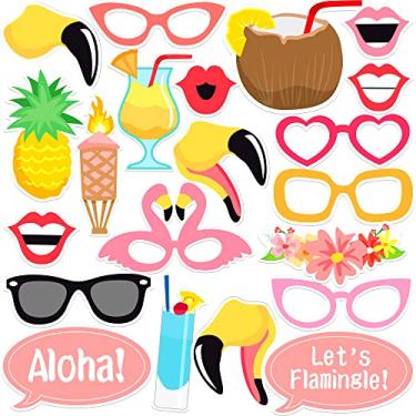 Imagem de 21 peças, adereços para fotos tropicais havaianas - decorações de festa Luau | adereços para fotos de festa havaiana tropical, decorações de festa havaiana de despedida de solteira | adereços de cabine de fotos de flamingo, decorações de festa Aloha