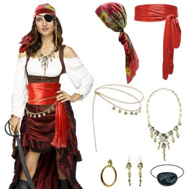 Imagem de Conjunto de acessórios de fantasia de pirata feminino, lenço de cabeça, faixa, corrente, cinto, colar, colar, tapa-olho para adultos, Vermelho, One Size