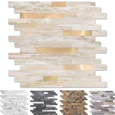 Imagem de Yipscazo 10 folhas de revestimento de azulejo de metal de pedra, cole em azulejos para cozinha, banheiro, lavanderia, acampamento, lareira (30 x 30 cm, pedra bege com ouro)