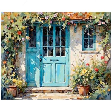 Imagem de Kit de pintura estética por números para adultos – Porta de casa de campo azul DIY com pintura de flores de jardim em tela 40,6 x 50,8 cm, conjunto de tinta acrílica, adequado para iniciantes, arte