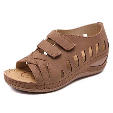 Imagem de Bigfanshu Sandálias femininas de verão 2020 com plataforma de couro macio gladiador sapatos de salto alto, Marrom, 9 Wide