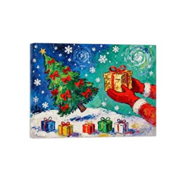 Imagem de Pinturas em tela Natal-Quadros Decoração de Parede-Caixa presente formato árvore-Inverno Paisagens Impressões para Sala de Estar 80x105cm Tela Embrulhada