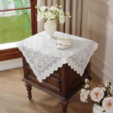 Imagem de Toalha de mesa quadrada de cabeceira de renda toalha de mesa pequena de renda branca bordada floral capa de mesa lateral francesa protetor de mesa para chá de bebê de casamento 89 cm x 89 cm
