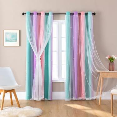Imagem de XiDi Cortinas para quarto de meninas quarto de crianças 2 painéis coloridos arco-íris estrela blackout cortinas unicórnio decoração de parede linda sereia princesa 86 cm de largura 79 polegadas