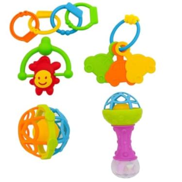 Imagem de Kit Brinquedo e Mordedor para Bebê com 5 Peças – Brinquedo Sensorial Educativo Colorido 0 a 12 Meses