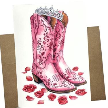 Imagem de Cartão de quinze anos ocidentais rosa country com design de tiara e botas de vaqueira, Mensagem Feliz Quinceanera dentro, 12 x 18 cm, papel premium grosso, envelope kraft - 1321