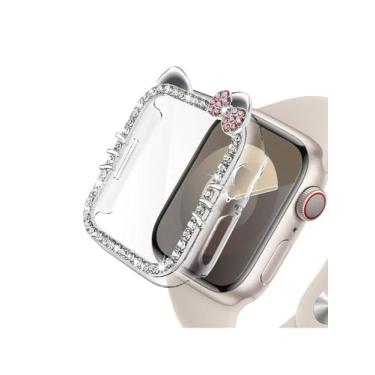 Imagem de Capa de desenho animado com laço de gato para Apple Watch SE/séries 10/9/8/7/6/5/4 44 mm 45 mm com protetor de tela de vidro temperado, capa protetora completa diamante cristal (prata, 41 mm)