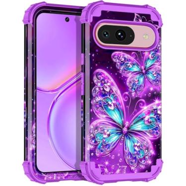 Imagem de Miqala Capa para Google Pixel 9/Pixel 9 Pro, brilha no escuro, três camadas, resistente, à prova de choque, proteção total de plástico rígido + capa de silicone macio para Google Pixel 9/9 Pro, roxo