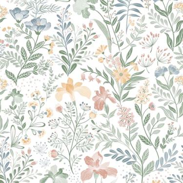Imagem de Fititem Papel de parede floral para contato com flores Boho Papel de parede removível autoadesivo para quarto e banheiro Rolos de vinil 43 cm × 393 cm