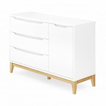 Imagem de Cômoda Infantil Retrô Amor Perfeito 3 Gavetas e 1 Porta em MDF e Madeira Maciça Acabamento UV Atóxico