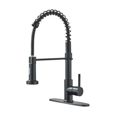 Imagem de Ackwave Torneira de cozinha com pulverizador de puxar para baixo, torneira de cozinha de aço inoxidável com placa de cobertura 1 ou 3 furos, torneira comercial preta de função dupla com alça única