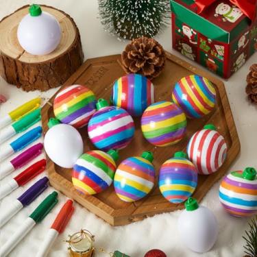 Imagem de Wettarn Decoração de árvore de Natal, enfeites de bola branca em branco com marcadores para artesanato faça você mesmo, pintura de decoração de festa de Natal, decoração de árvore compatível e caixa