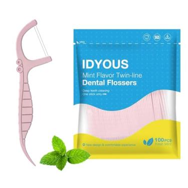 Imagem de IDYOUS Palhetas de fio dental de menta suave – pacote com 100 unidades, palitos de fio dental de fio duplo para adultos, pacote selado portátil para viagem/casa (rosa)