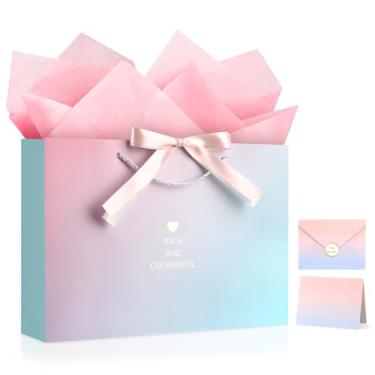 Imagem de YoungTree Sacos de presente grandes com papéis de seda e 1 cartão de felicitações fita de 2 cores, sacos de presente de aniversário de papel portátil com alças, sacos de presente para lembrancinhas de