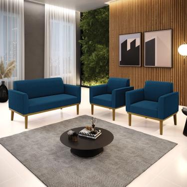 Imagem de Namoradeira E 2 Poltronas Base Madeira Castanho Marisa Bouclê D03 - D'rossi Cor Azul