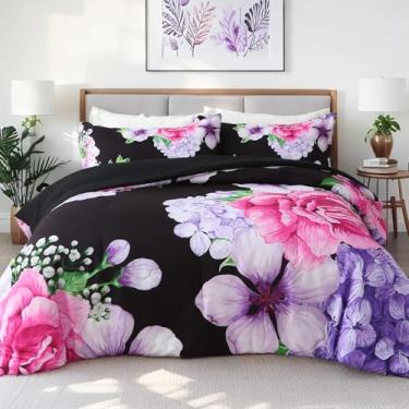 Imagem de Heymybed Conjunto de edredom floral, tamanho Queen, 3 peças, preto, elegante, com 2 fronhas, para todas as estações, 224 cm x 224 cm